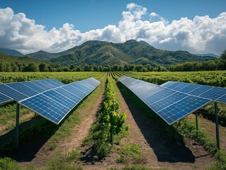 Sustainable Energy in Agriculture: Solar Panels Illuminate Vineyards for Eco-Friendly Farming in a Scenic Mountain Landscape