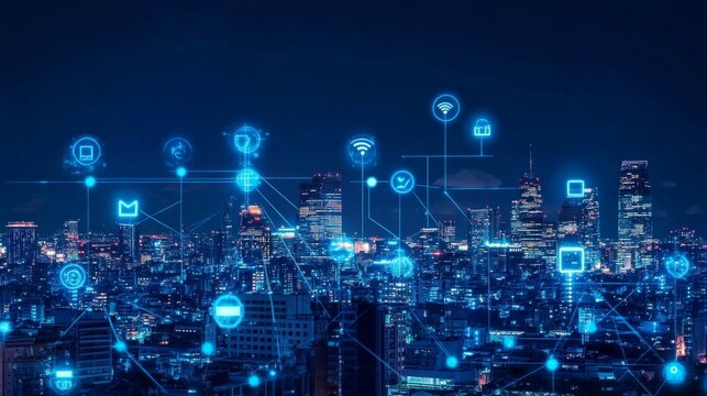 A city skyline at night with glowing IoT holograms and digital icons floating above, symbolizing a smart, interconnected future.