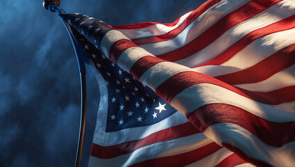 High-resolution American flag in motion, detailed texture and lighting, emphasizing its vibrant colors and realistic folds for a dramatic patriotic effect
