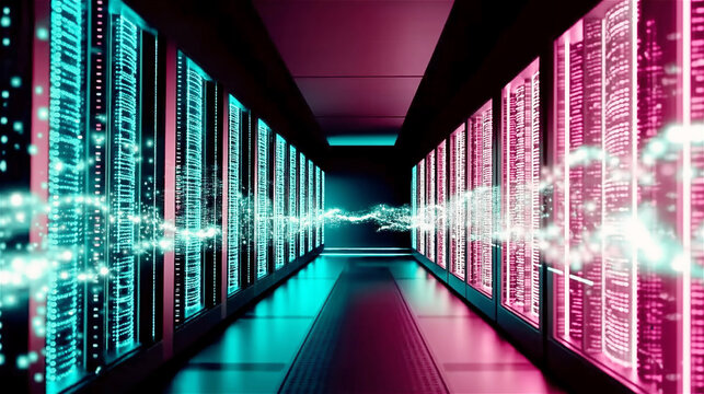 Futuristic data center corridor with glowing blue server racks and illuminated floor. High-tech computing environment with space for cybersecurity or cloud hosting service text overlay.