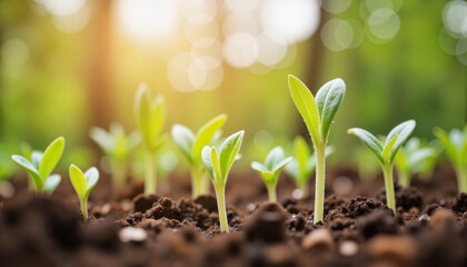 Sprouting seedlings growing in rich soil against blurred background