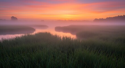 Obraz premium Serene Sunrise Landscape with Fog Over River and Meadow