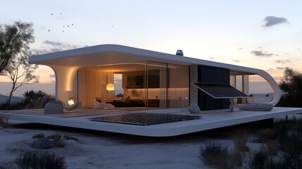 Fototapeta premium A concept home powered by solar energy, showcasing futuristic architecture, energy storage, and AI-powered efficiency controls