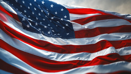Ultra-realistic close-up of the American flag waving, showcasing its fabric texture, vivid colors, and dynamic motion with cinematic lighting and depth