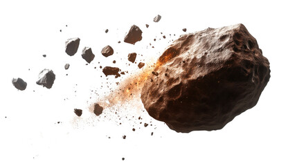A massive asteroid with rocky fragments breaking off, cut out and isolated on a transparent background, showcasing its dynamic motion and dust trail.