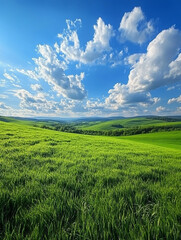 Obraz premium Lush green fields under a blue sky with fluffy clouds