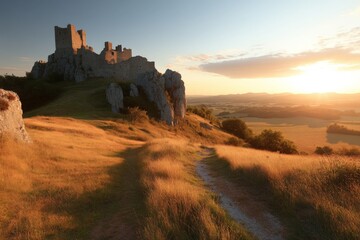 Fototapeta premium Sunset over a medieval castle perched on a rocky hill, highlighting the golden grasses of summer
