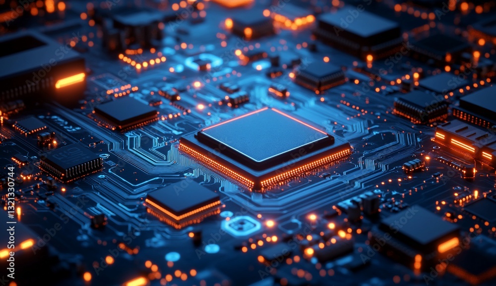 Poster close-up shot of a computer motherboard showcasing intricate circuits; tech background