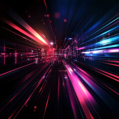 Obraz premium A vibrant futuristic light trail in shades of pink blue and red streaks across a dark digital background creating a sense of motion and speed 