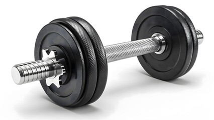 Naklejka premium Single dumbbell with textured handle and black weight plates on white background. Created with Ai