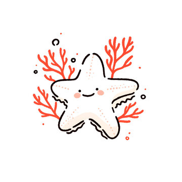Cute   orange starfishes illustration with 
red colars playful design on white background