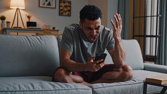 A young man with curly black hair sits on a couch, frustrated while looking at his phone. His hand gestures suggest anger or disbelief