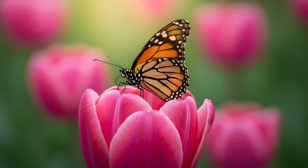 Fototapeta premium Monarch Butterfly on Pink Tulip Flower in a Spring Garden - Close Up Macro Photography