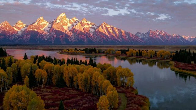 Majestic sunrise paints the Grand Teton mountain range and the Snake River in vibrant hues during the fall season