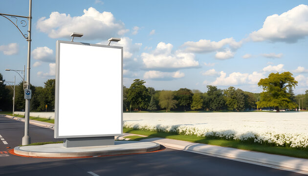 Billboard on the street. White Outdoor Advertising. Layout for advertising design. Lightposter pylon with a white field near the park, clipart style. White tone
