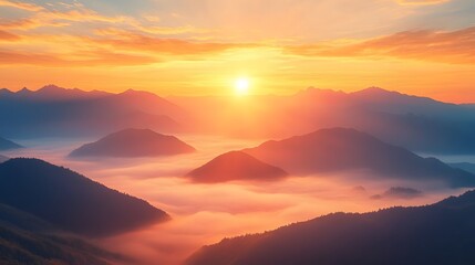 Obraz premium Golden sunset light bathes misty mountain landscape, with amber fog flowing between peaks, warm gradient sky, and ethereal cloud sea in cinematic, minimalist scene of dramatic beauty.