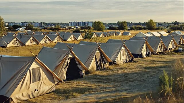 Beige Canvas Tents Camping Field Outdoor Nature Adventure Travel Tourism