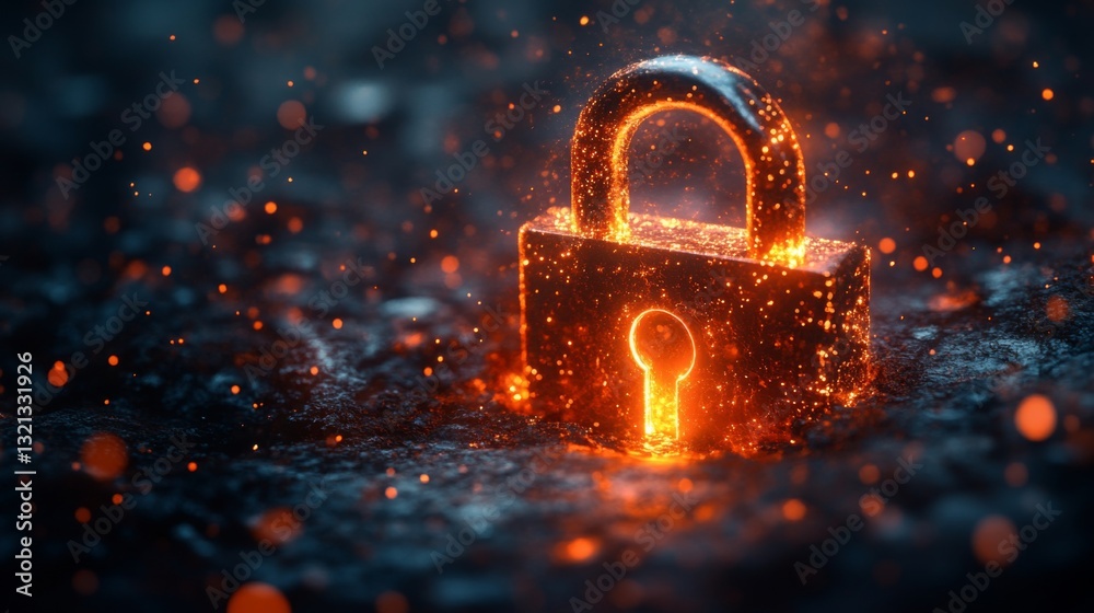 Poster A glowing lock sits prominently in a dark environment, representing the vital role of encryption in quantum security.