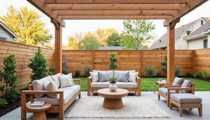 Cozy outdoor seating area with wooden furniture and greenery