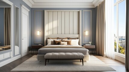 Luxurious neoclassical bedroom, soft blue gray walls, high headboard, warm taupe satin bedding, layered curtains, sunset park view
