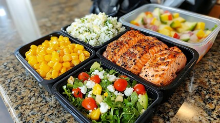 A colorful meal featuring salmon, corn, salad, and fruit, all neatly arranged in containers on a granite surface.