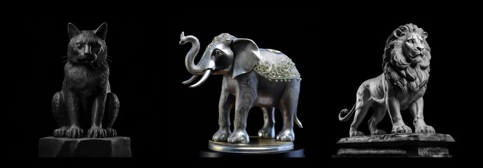 Fototapeta premium Three animal statues, including a wolf, elephant, and lion, displayed in a row. The statues appear to be dark and metallic or stone-like against a black backdrop.
