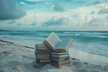 Obraz premium Stack of Books on Beach Shore, Perfect for Summer Reading