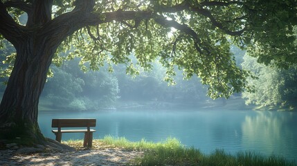 Majestic ancient oak tree by turquoise lake reflects in clear water, with dappled sunlight through leaves, small bench, and autumn hints in foliage, set in serene, misty lakeside scene.