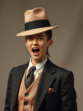 maniken in a man's suit, which seems to take from the hat the head of a girl with an open mouth.