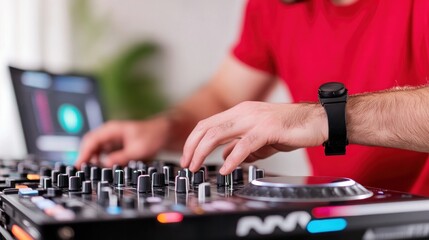 Male dj mixing music, hands on audio mixer with turntable in studio.