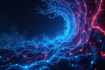 A surreal, cybernetic wave of glowing blue and red energy, resembling a tree or neural network, symbolizing the fusion of nature, technology, and artificial intelligence.