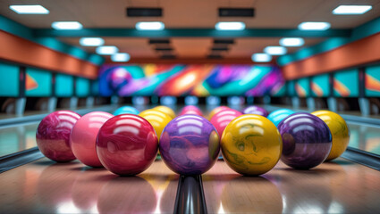A dynamic bowling alley scene featuring vibrant balls in red, pink, purple, yellow and green. Shiny surfaces reflect lights in a photorealistic setting