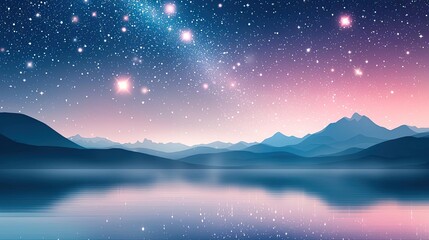 Fototapeta premium Dramatic nighttime abstract background idea. A serene landscape with mountains reflecting under a starry night sky.