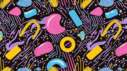 Fototapeta premium Abstract seamless pattern with a black background. the pattern is made up of various shapes and colors, including pink, blue, yellow, and purple.
