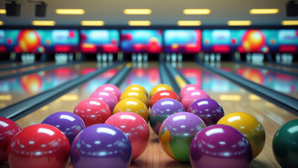 A vibrant bowling alley scene with colorful balls in red, pink, purple, yellow and green. Shiny surfaces reflect lights in a photorealistic scene!