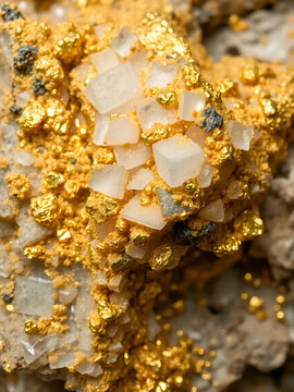 Gold antimony ore texture close-up. Contains quartz, sericite, carbonate, pyrite, antimonite, arsenopyrite and gold. Siberian deposit. Mineral stone surface background.