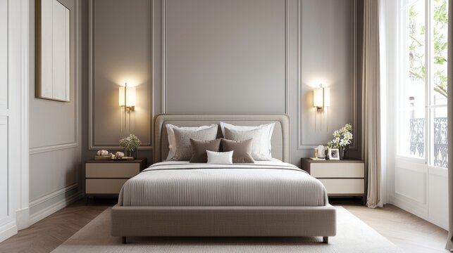 Minimalist neoclassical bedroom, smoky gray walls, soft linen bed, sculptural nightstands, roman blinds, warm lighting, tranquil sophistication