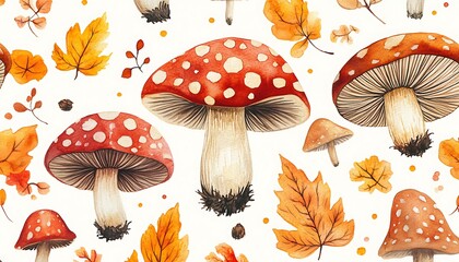 Watercolor autumn mushrooms and leaves pattern.