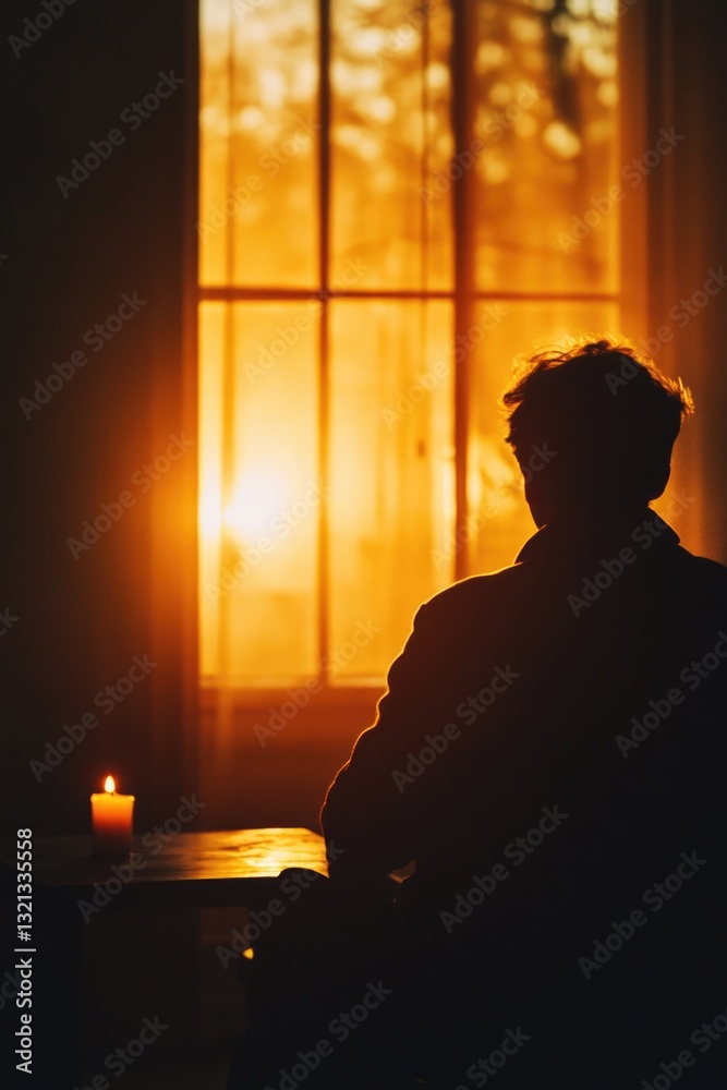 Poster A person sits in front of a window lit by a single candle, creating a cozy atmosphere