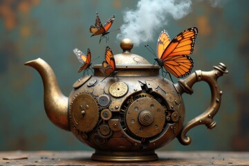 A steampunk teapot with exposed gears emits steam, while monarch butterflies emerge, symbolizing a fusion of nature and mechanics. A surreal blend of vintage technology and organic beauty.