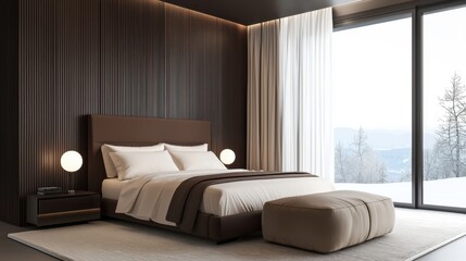Modern Hollywood brutalist bedroom, chocolate walls, cream satin bedding, bedside tables, large pouf, sheer curtains, snowy plain view
