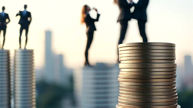 Business Success on Stacked Coins in City Setting