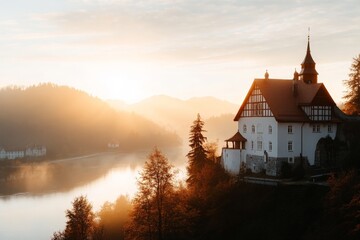 Beautiful sunrise illuminates historic castle near serene river in tranquil landscape