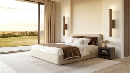 Modern Hollywood brutalist bedroom, soft beige walls, mocha satin bedding, sculptural sconces, golden sunset over open fields