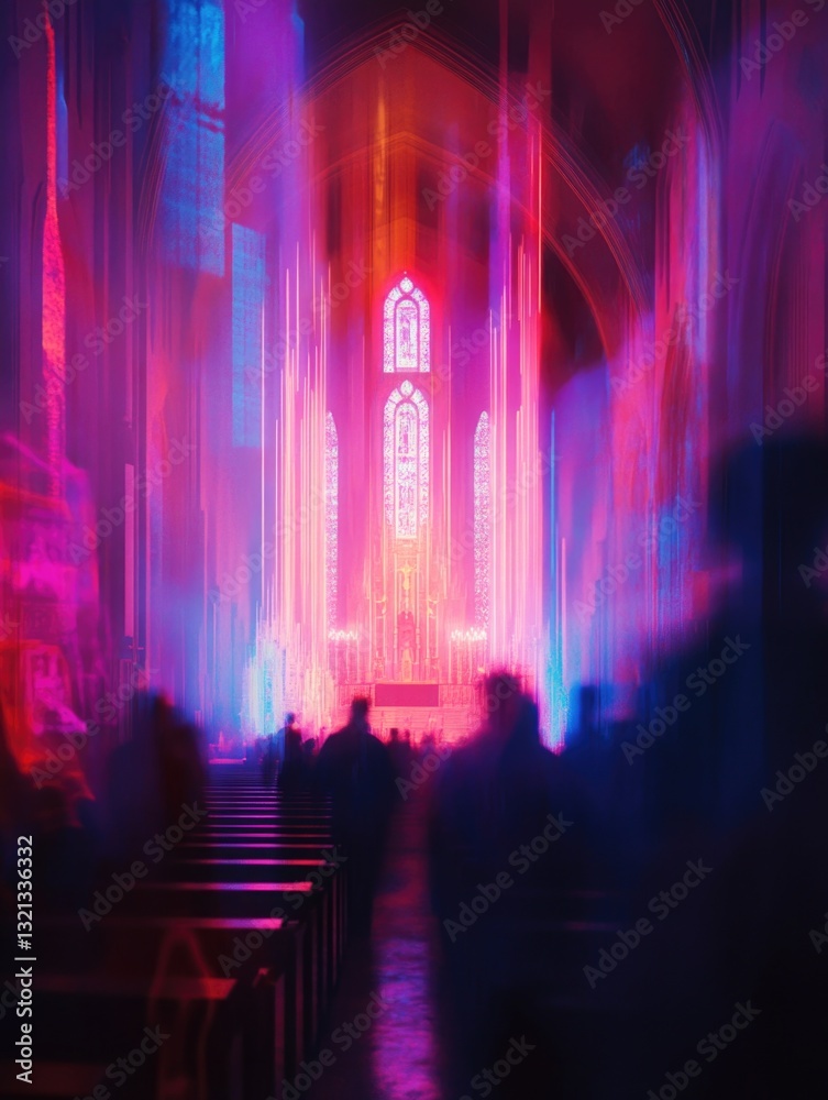 Poster a blurry image of people gathered inside a church, suitable for use as a background or to represent 