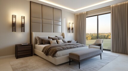 Modern Hollywood brutalist bedroom, soft beige walls, mocha satin bedding, sculptural sconces, golden sunset over open fields