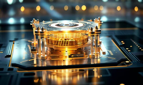 Quantum chip, part of quantum computer. How quantum technology may look-like. Technology and science concept