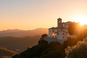 Obraz premium Beautiful sunset over a historic building nestled on a hillside in a mountainous region