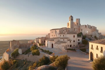 Historic village atop a hill during golden hour with clear skies and coastal views