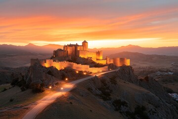 Fototapeta premium Sunset casts a warm glow on the ancient castle perched atop a rocky hill, overlooking the tranquil landscape